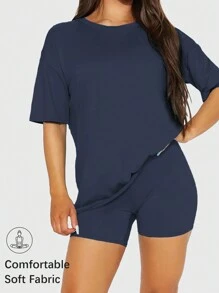 Speed mate 女士夏季純色高彈性短袖擠肩休閒露肚上衣T恤 - 藏蓝色 - 查看 1