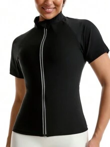 1pc 2025 New Women Outdoor Running/Fitness Short Sleeve Sports Yoga Tight Shirt With Zipper, Sauna Exercise Wear For Weight Loss, Shaping Underwear To Control Abdomen, Waist And Bust Gym Accessories Belly Slimming Girdles, Lumbar Girdles Belly Slimming Corset - Silver - View 7