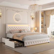 GEGOFORU Queen LED Bed Frame With 4 Storage Drawers, RGBW Smart Lights In Headboard & Footboard, Adjustable Upholstered Headboard, No Box Spring Needed - Velvet white - View 3