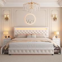 GEGOFORU Queen LED Bed Frame With 4 Storage Drawers, RGBW Smart Lights In Headboard & Footboard, Adjustable Upholstered Headboard, No Box Spring Needed - Velvet white - View 6