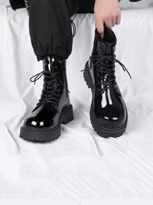 Men's Outdoor Autumn New Boots Motorcycle Boots Cargo Boots - Men's Boots British Style New Model Thick Sole High-Top Glossy Motorcycle Leather Boots