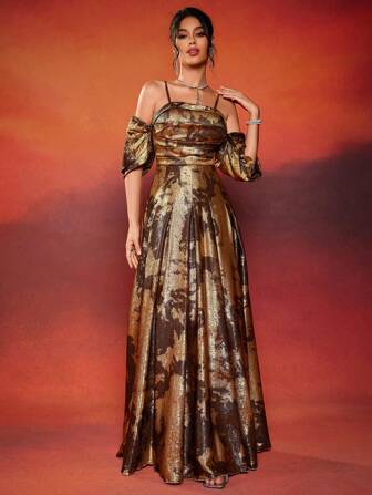 女士加大号正式晚间褶皱连衣裙（华丽装饰），优雅舞会礼服，适合婚礼嘉宾、毕业典礼、晚宴