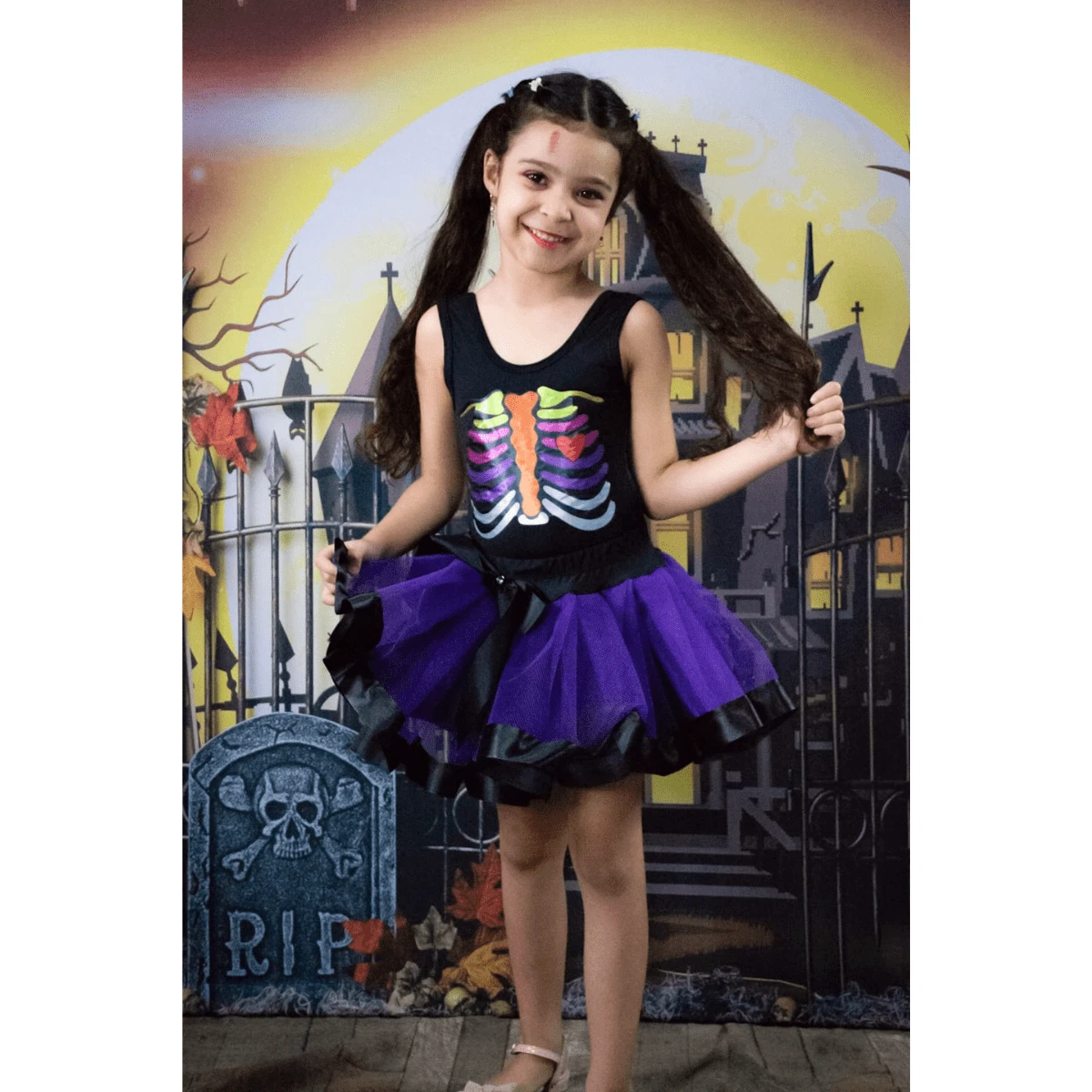 Bodysuit And Skirt Set Children's Youth Costume Halloween Party Themed Colorful Skeleton - 黑色 - 查看 1