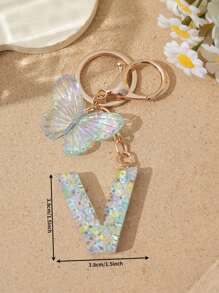 1pc Creative Keychain With Letter Stone Resin Pendant, Butterfly Tassel Letter Charm Keyring For Girls - White - View 26