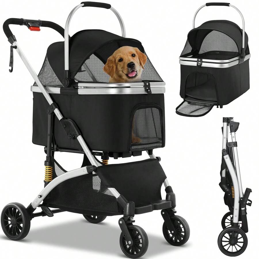 Portable Pet Stroller 3 In 1 Dog Buggy Transport Bag Cat Buggy, Up To 40 Kg, Dog Cart With Mesh Windows & Cup Holder & Spring Shock Absorber, For Small And Medium Cat Dog - Black - View 1