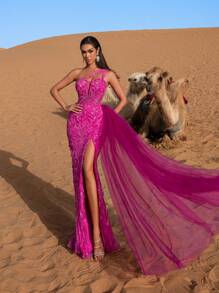 Faeriesty 优雅单肩串珠美人鱼礼服，后背系带设计，高开衩，侧边拖尾，适合晚宴、派对和婚礼穿着。 - 玫紅色 - 查看 7