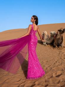 Faeriesty 优雅单肩串珠美人鱼礼服，后背系带设计，高开衩，侧边拖尾，适合晚宴、派对和婚礼穿着。 - 玫紅色 - 查看 3