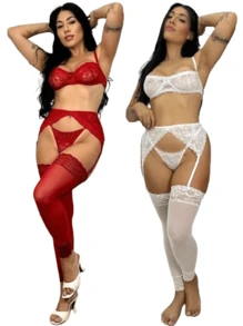 Kit 2 Sets Of Sexy Women's Bra And Panties Garter Belt Lingerie Stockings Leg Warmers Fantasy Set - 紅白色 - 查看 1