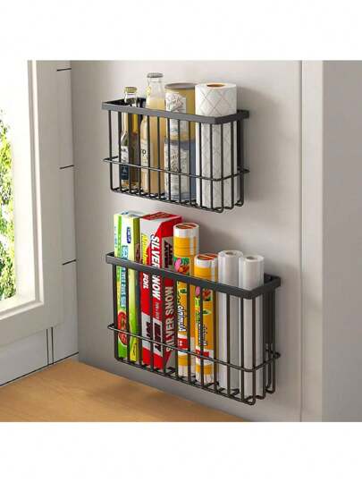 Over The Door Pantry Organizer, Pantry Organization And Storage,  Deep Baskets Hanging Heavy-Duty Metal, Wall Spice Rack Seasoning Shelves For Home & Kitchen, Laundry Room Bathroom, White,Black