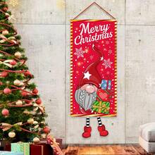 1 pieza Bandera colgante con tema navideño, forma asimétrica con un gnomo sujetando un regalo en forma de bastón de caramelo navideño y un árbol de Navidad, adecuado para decorar el marco de la puerta, el jardín o la sala de estar en Navidad, regalo navideño - Multicolor - Ver 4