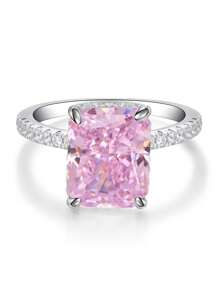 1 Pc 4 Ct High Shine Radiance Icicle Cut Square White Gold Pink High Carbonite Ring, S925 Sterling Silver Gorgeous, Elegant And Romantic Women's Rings, Delicate And Unique Design, Suitable For Prom, Wedding Anniversary And Other Occasions, Exquisite Women's Jewelry Gifts - Silver - View 7