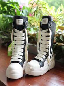 Zapatillas con plataforma bordada con llama, botas de combate deportivas, zapatillas casuales negras y blancas de moda para mujer, zapatillas deportivas, zapatos con cremallera y botas largas - Blanco y Negro - Ver 3