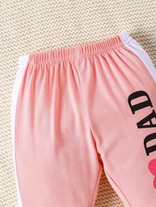 3件套女婴圆领长袖字母爱心印花连体衣、休闲侧边拼接裤、帽子 - 彩色 - 查看 7