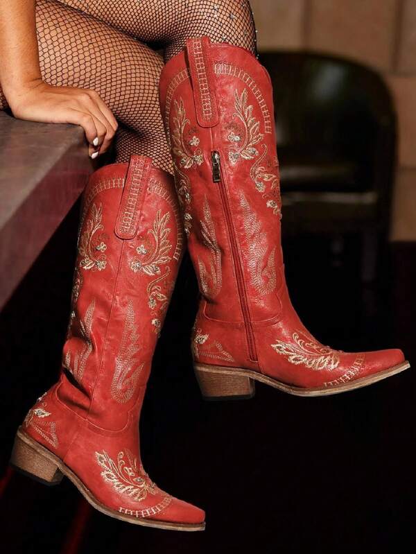 Choiran Cowboy Boots For Women - Wide Calf Knee High Cowgirl Boots, Glitter Sparkly Rhinestone Western Country Boots With Classic Embroidery, Pointed Toe Pull On Zipper Retro Fashion Tall Boots