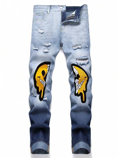 Herren Mode Cartoon lächelndes Gesicht zerrissene Jeans