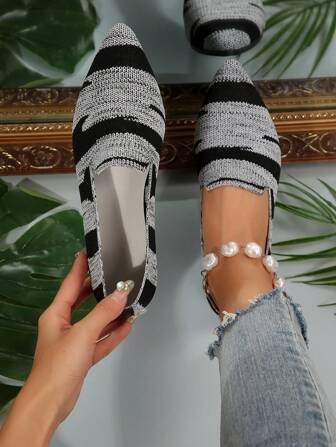 Women's Solid Color Flat Shoes, Breathable Knitted Pointed Toe Slip-On Shoes, Lightweight & Comfortable