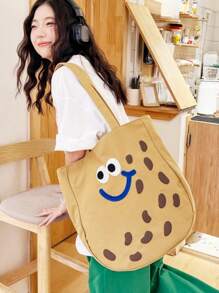 2024 New Cute Small Student Female Canvas Tote Bag With Large Capacity, Hand-Held & Shoulder , Suitable For Shopping, Commuting, Going To School And Office Workers - Brown - View 1