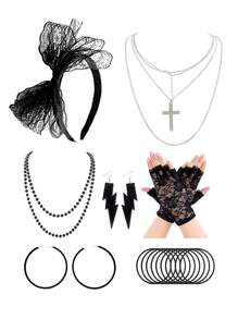 Forever & Moment 7 件女式 80 年代服装霓虹配饰套装闪电耳环项链蕾丝花手套头饰 90 年代主题复古派对万圣节装饰礼物圣诞节舞会 - 多色 - 查看 15