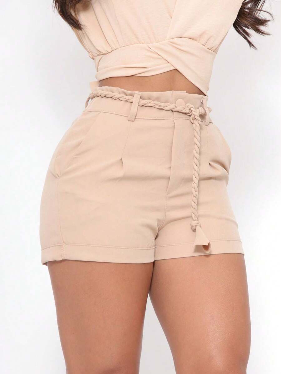 WOMEN'S TAILORED SHORTS IN LIGHTWEIGHT, REINFORCED FABRIC WITH FOLDED EDGE AND BODY-FORMING BELT - 米色 - 查看 1