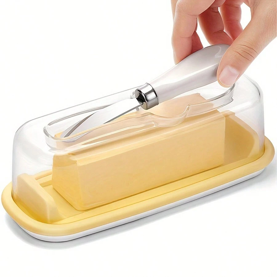 1set Butter Dish With Lid And Knife,Airtight Butter Container Covered Butter Dish For Countertop Or Fridge,Plastic Butter Dishes With Silicone Bottom Yellow 7.5inch - Yellow - View 1