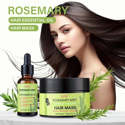 2 件迷迭香薄荷强化护发套装：护发精油和发膜 - 滋养、软化、强效保湿和柔顺 - 非常适合受损或干燥的头发