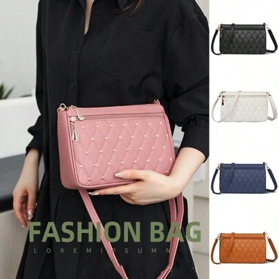 1pc 钻石心形女士包，清新可爱时尚风格单肩包，黑色斜挎包，时尚简约相机包，精湛工艺，多层大容量收纳化妆口红零钱包，休闲时尚手机包，可爱手提包，带肩带小方包，PU皮拉链包，日常百搭风格，旅行必备包包