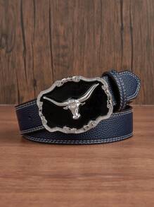 1 pieza Hebilla de metal con cabeza de toro vintage de moda negra para hombre, cinturón estampado en varios colores, accesorio versátil para vaqueros