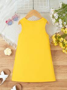 Girls' Cute Cartoon Cat & Bow Print Sleeveless Casual Dress, Valentine's Day - Yellow - View 2