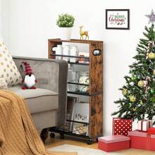 Slim Storage Trolley, Narrow Kitchen Cart, Slide Out Kitchen Trolley On Wheels, - Rustic Brown + Black - View 3