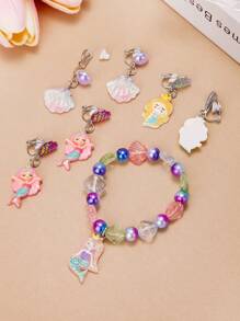 13PCS Girls Color Clip-On Earring Bracelet Accessory Set, Cute Cartoon Butterfly Mermaid Shell Pretend Princess Jewelry No Earring Earring Game Earring Earring Earring Pad, Suitable For Birthday Party Gifts And Daily Use