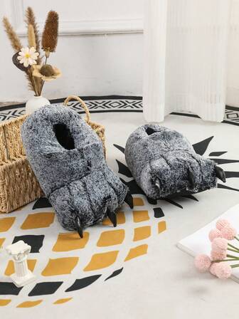 圣诞节和万圣节冬季卡通爪子室内拖鞋，情侣款闭趾保暖卧室地板拖鞋