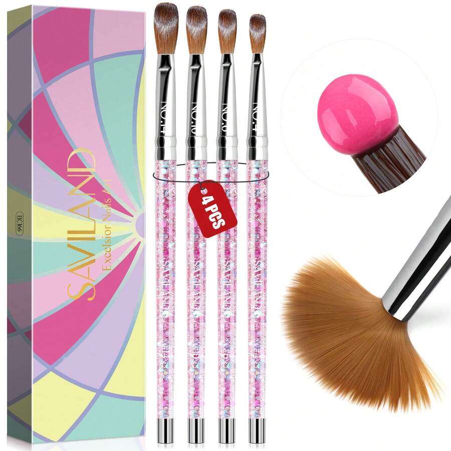 Saviland 丙烯酸指甲刷套装 - 4 件套专业丙烯酸刷套装，适用于丙烯酸粉末应用 3D 指甲雕刻，带液体闪光手柄的美甲刷，尺寸 4、尺寸 6、尺寸 10、尺寸 14 - 淺粉色 - 查看 1