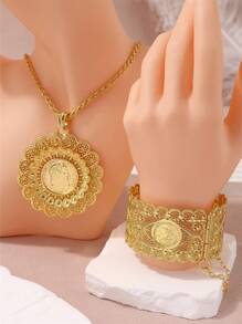 1 Set Middle East Style Fashion Palace Hollowed-Out Sunflower Round Pendant Necklace, Matching Napoleon Coin Portrait Engraved Adjustable Bangle, Suitable For Wedding, Party, And Event Wear