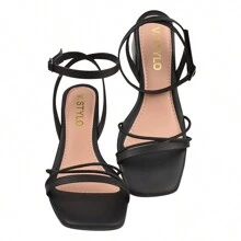 V.Stylo Geometric Block Heel Sandal With Thin Strap - 黑色 - 查看 2