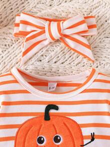 Infant Girls' Long Sleeve Cute Pumpkin Embroidery Mesh Dress With Headband, Halloween, Spring Autumn