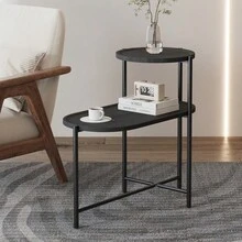 Small Coffee Tables 2-Tier Modern Sofa Side Table With Wood Storage Shelf Living Room End Tables Nightstands (Walnut Brown) - 黑色+金屬+現代 - 查看 2