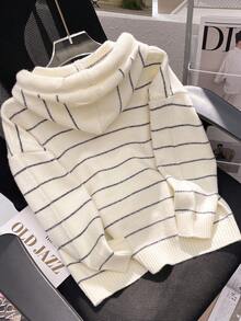 JIANHU 春季新款条纹针织连帽衫 女式宽松休闲套头毛衣外套 时尚上衣 白色 - 白色 - 查看 3