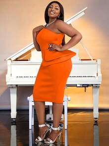 Plus One Shoulder Ruffle Trim Split Back Dress - Orange - View 5