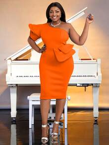 Plus One Shoulder Ruffle Trim Split Back Dress - Orange - View 3