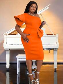 Plus One Shoulder Ruffle Trim Split Back Dress - Orange - View 1