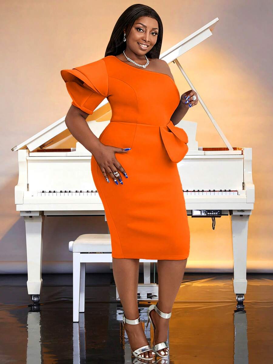 Plus One Shoulder Ruffle Trim Split Back Dress - Orange - View 1