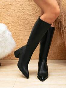 Women's Comfortable All-Match Side Zipper Chunky Heel Knee High Boots, Matte Synthetic PU, Classic Motorcycle Boots In Black
