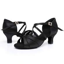 新款女士成人拉丁舞鞋，中跟软底练习舞鞋，标准舞厅表演恰恰舞鞋，黑色，鞋跟约5厘米 - 黑色 - 查看 8