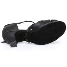 新款女士成人拉丁舞鞋，中跟软底练习舞鞋，标准舞厅表演恰恰舞鞋，黑色，鞋跟约5厘米 - 黑色 - 查看 4