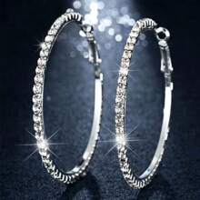 1pair Shiny Crystal Big Circular Hoop Earrings For Women, Silver & Colorful Round Rhinestone Jewelry Party Gift
