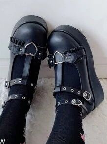 Women's Mary Janes Goth Cute Platform Wedges Heels Ankle Strap Punk Sweet Heart Wing Metal Pumps Woman Shoes Valentines - 黑色 - 查看 1