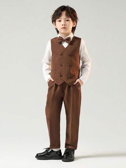 3 件套年轻男孩表演服装套装，男孩正装套装包括背心 + 裤子 + 领结，适用于婚礼/派对