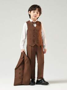Bộ trang phục biểu diễn 3 món cho bé trai, bộ đồ trang trọng cho bé trai bao gồm áo vest + quần + nơ, dành cho đám cưới/tiệc tùng - màu nâu - Xem 3
