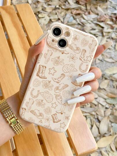 Apple Western 1 件复古风格芙蓉花与靴子图案柔软硅胶手机保护壳适用于 iPhone 11/12/13/14/15 Pro Max