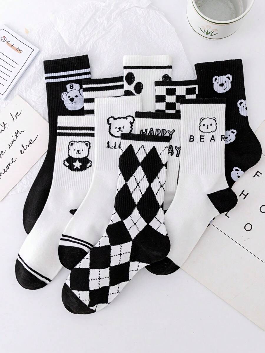 10 双可爱熊图案及膝袜，女款，黑色和白色，适合所有季节，时尚日常穿着 - 黑與白 - 查看 1
